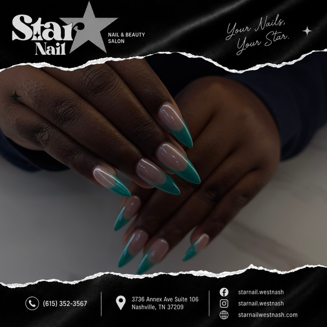 Teal green stiletto French tip nails by Star Nail Nail & Beauty Salon, West Nashville TN 37209